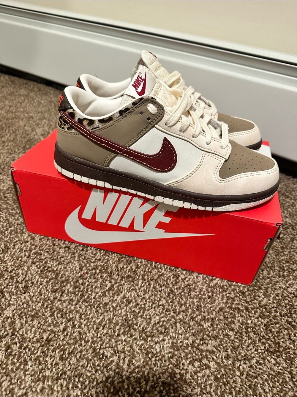 Nike Low-Top Sneakers in Cream, Olive & Burgundy with Leopard Accent